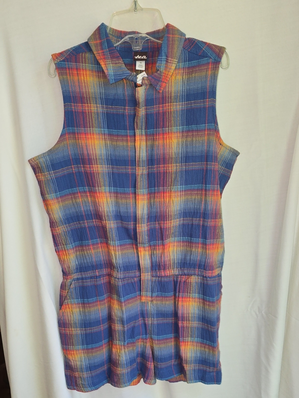 Tea Collection Blue Plaid Sleeveless Romper with Rainbow Stripes